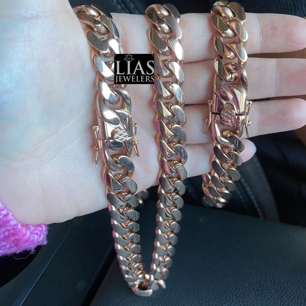 New 18k rose gold filled Cuban link chain and bracelet set